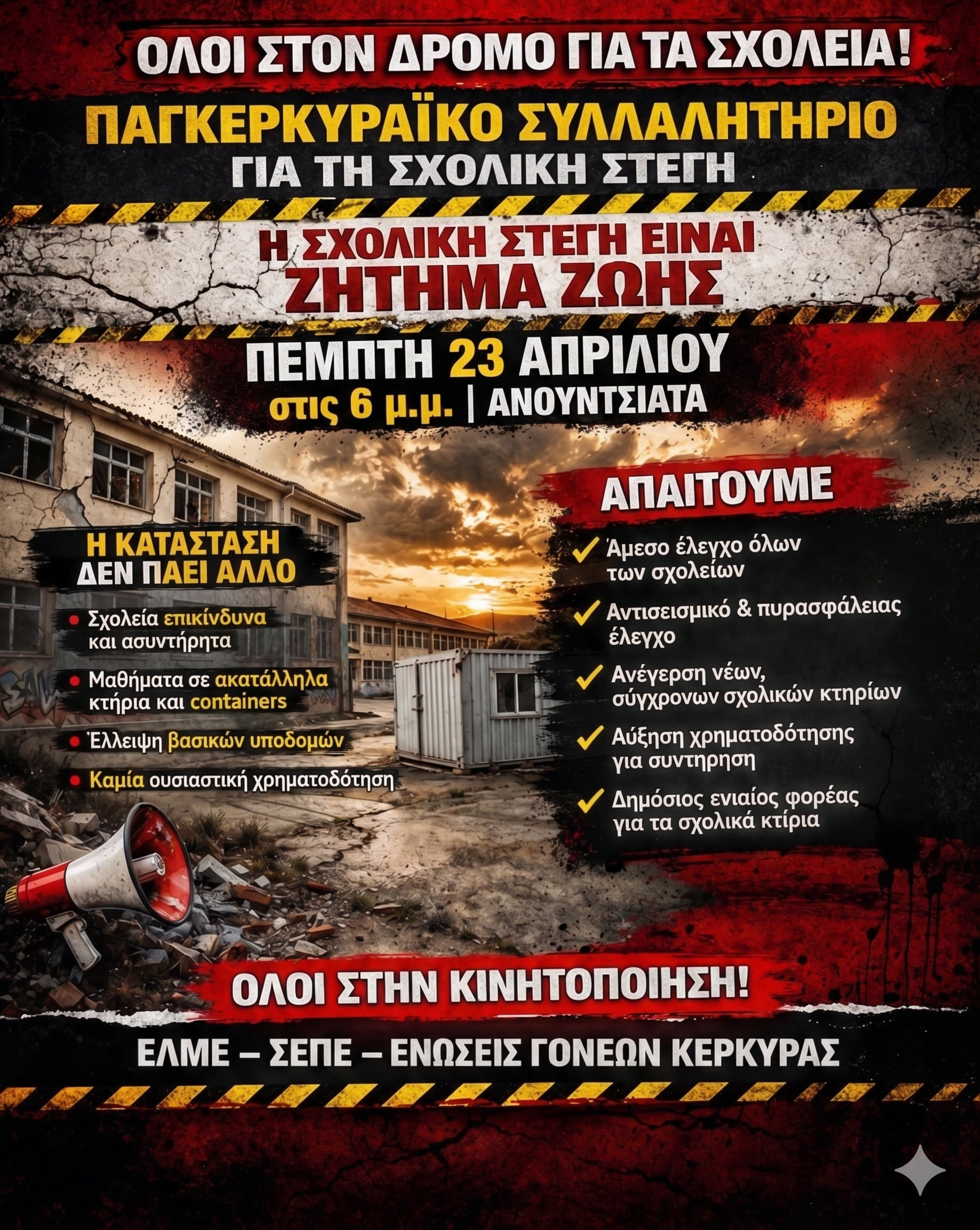 ΠΑΓΚΕΡΚΥΡΑΪΚΟ ΣΥΛΑΛΛΗΤΗΡΙΟ ΓΙΑ ΤΗ ΣΧΟΛΙΚΗ ΣΤΕΓΗ - ΠΕΜΠΤΗ, 23/4, 6 μ.μ. - ΑΝΟΥΝΤΣΙΑΤΑ