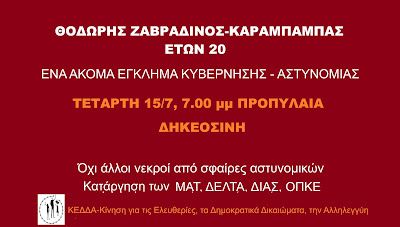 Κάλεσμα την Τετάρτη 15/7 στις 7 μμ στα Προπύλαια για τη δολοφονία του Θοδωρή Ζαβραδινού–Καραμπαμπά (ΒΙΝΤΕΟ)