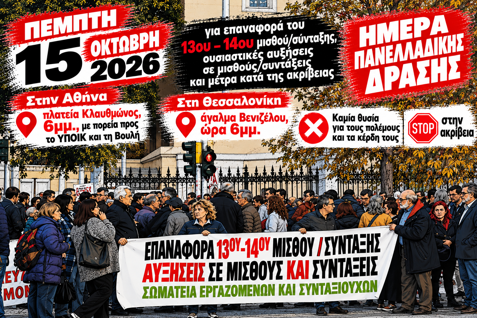 Πανελλαδική κινητοποίηση στις 15 Οκτωβρίου για 13ο–14ο μισθό και συντάξεις – Συγκεντρώσεις σε Αθήνα και Θεσσαλονίκη